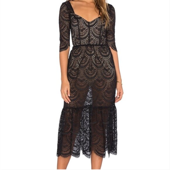 For Love & Lemons Black Lace Rosalita Midi Dress Size S Whimsigoth Scalloped - Picture 2 of 16